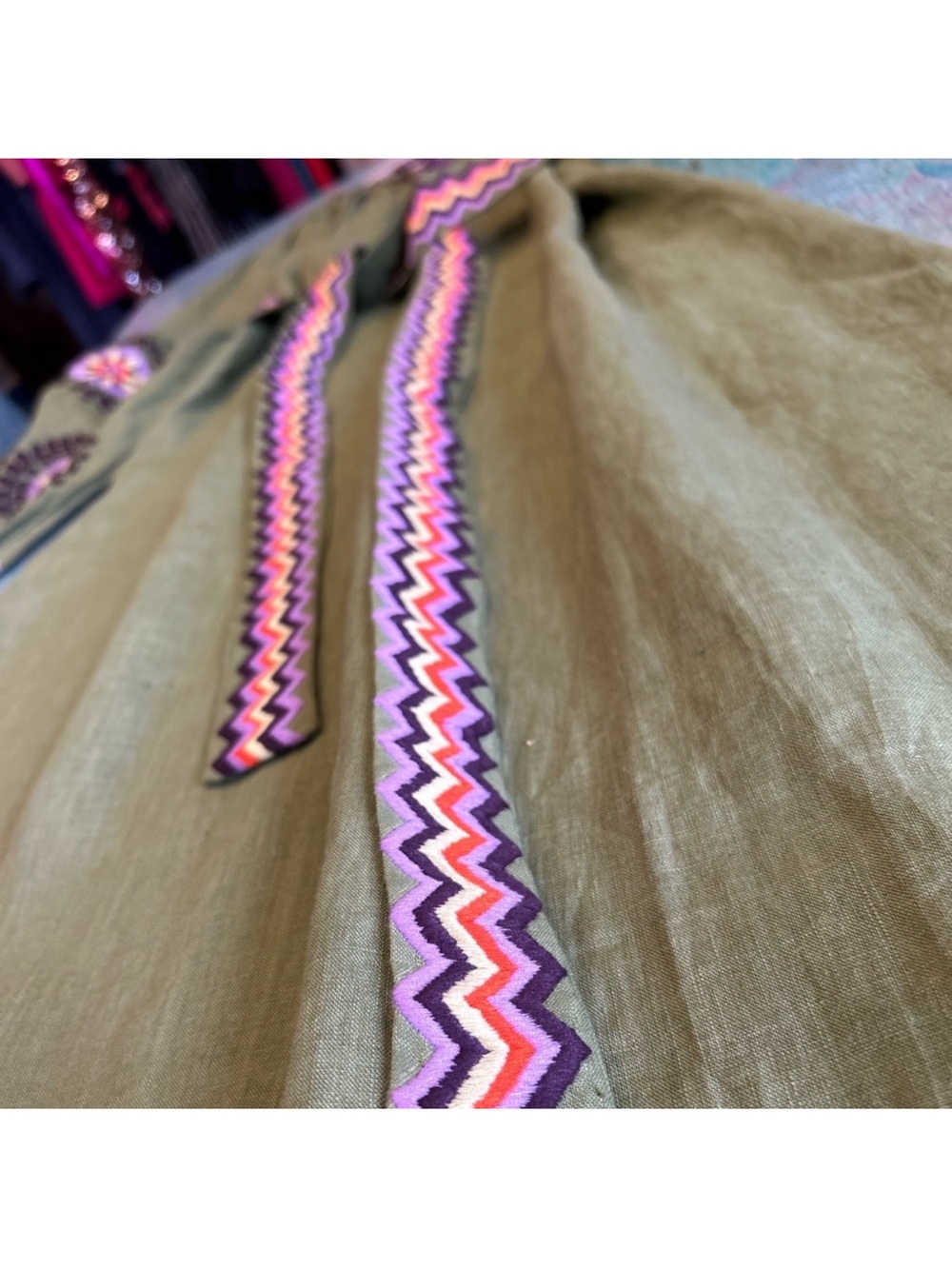 Boho Olive Green Embroidered Maxi Dress with Zigzag Belt - Picture 5 of 9